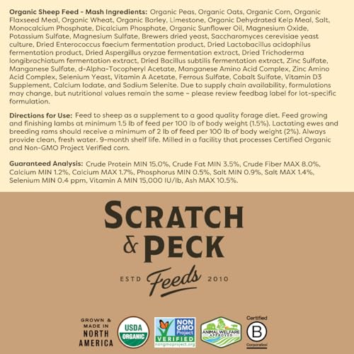 Scratch and Peck Feeds | Sheep Feed | Whole Grain Mash | 40 lb Bag | 15% Protein, Soy Free, Certified Organic & Non-GMO Project Verified, Supplemental Feed for a Forage Diet