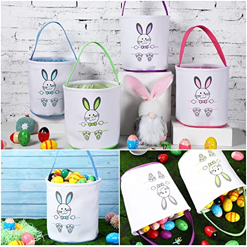 4 Pieces Easter Bunny Basket Egg Bags for Kids Cloth Tote Bags Canvas Cotton Empty Personalized Candy Egg Basket Bunny Print Buckets Carrying Presents and Eggs Hunt Bag Toys Bucket Boys Girls - style: Cute