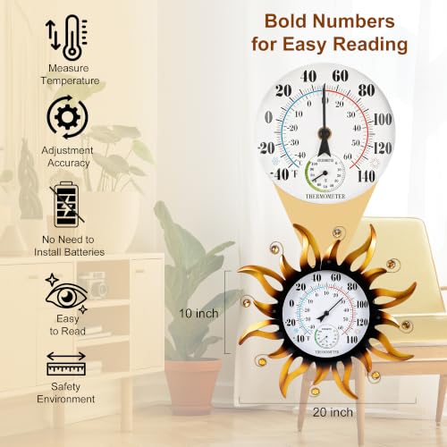 20" Large Outdoor Thermometer, Sun Outside Decor for Patio Yard Garden | Thermometer & Hygrometer Combo, 10" Dial Large Number Wall Mount Temperature Easy to Read, No Battery Needed Waterproof