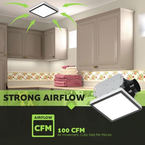 Homewerks 100 CFM Bathroom Exhaust Fan with LED, Matte Black Trim | 2.0 Sones, for Rooms Up to 100 sq ft, Magnetic Trim, Galvanized Steel Housing, EasyAnchor Install, Bathroom Fan with Light - color: 100 CFM Brushed Matte Black Square