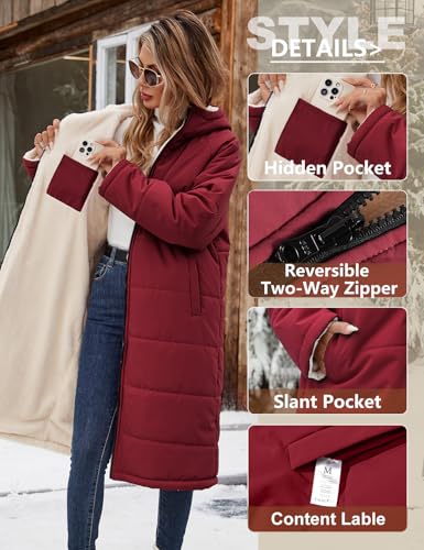 Women Winter Coats Fleece Long Coats Jackets Oversized Warm Down Jacket with Hood - color: Burgundy, size: Large