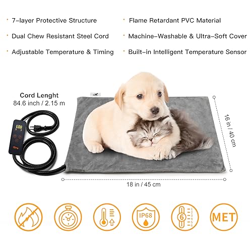 Toozey Small Pet Heating Pad, 6 Adjustable Temperature Dog Cat Heating Pad with Timer, Waterproof Heated Cat Bed with Chew Resistant Cord, Indoor Electric Pet Heated Mat 18x16in | 18 x 16 In, 6 Heat Settings, 4-24H Timer, Waterproof Surface, Chew-Resistan