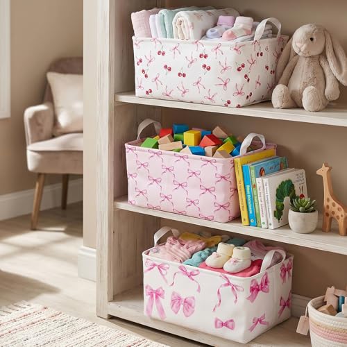 3 Pcs Pink Bow Storage Basket, Coquette Girls Rectangle Storage Bins Box with Handles, Bows and Chery Shelf Basket Ideal for Room Nursery Decor, Books, Organizing Clothes, Toys - color: Bow