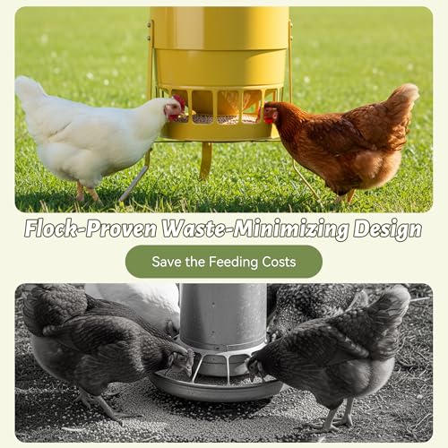 KOL Chicken Feeder No Waste for Coop & Outdoors, 16 Port 50lbs Poultry Feeder with Spill-Control Design, Rust-Proof Powder Coated Metal & Smooth Safe Edges (Yellow) - color: Yellow