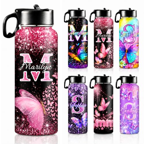 Personalized Butterfly Water Bottle for Girls with Name | 18oz, Stainless Steel, With Straw, Back to School Birthday Gift - color: Color 10