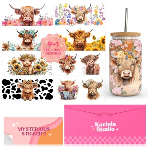Kaciola 10 Sheets UV DTF Cup Wraps for 16 oz- Highland Cow Theme UV DTF Stickers, 1 Sheet Mysterious Pattern Transfer, Rub on Transfers Stickers for 16 oz Libbey Glasses Crafting - style: Highland Cow