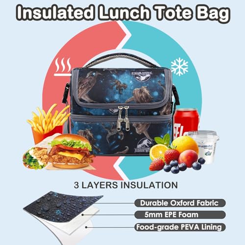 FlowFly Double Decker Cooler Insulated Lunch Bag Large Tote for Boys, Girls, Men, Women, With Adjustable Strap, MyDinosaur - color: MyDinosa