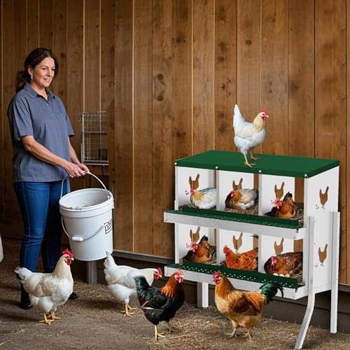 GarveeLife Nesting Boxes for Chickens, 6 Compartment Chicken Nesting Box with Metal Legs, Metal Chicken Laying Boxes with Perch, Secure Lid, Versatile Wall Mount or Free Standing for Hens, Green