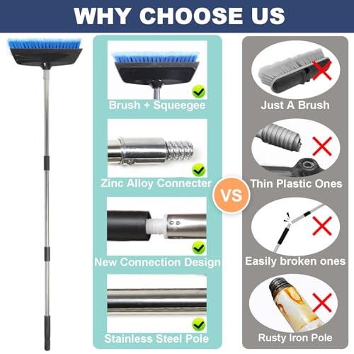 52" Car Wash Brush with Long Handle | Built-in Rubber Squeegee & Rubber Bumper | Lightweight extendable Handle | Soft Bristle Brush for Car, RV, Boat, Solar Panel, Deck Washing - color: Blue, size: 52 inch