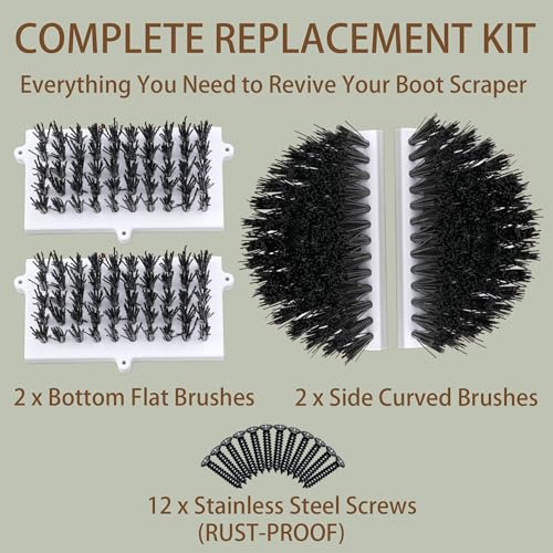 Heavy Duty Boot Scrubber Replacement Brushes Set with Solid Plastic Base - 4-in-1 Shoe Scraper Refill Kit (2 Side, 2 Bottom) & Screws - Custom Fit for Specific Models (Not Universal)
