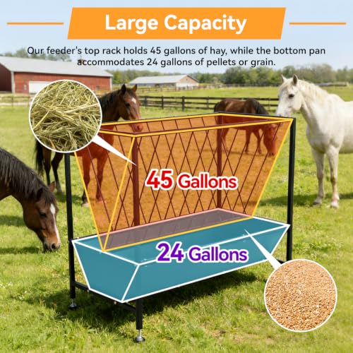 70 Gallon Pasture Hay Feeder, Heavy-Duty 2-in-1 Livestock Feeder with Grain Trough, Galvanized Steel Hay Rack for Goats, Sheep, Calves & Miniature Horses, Weather Resistant Farm Manger