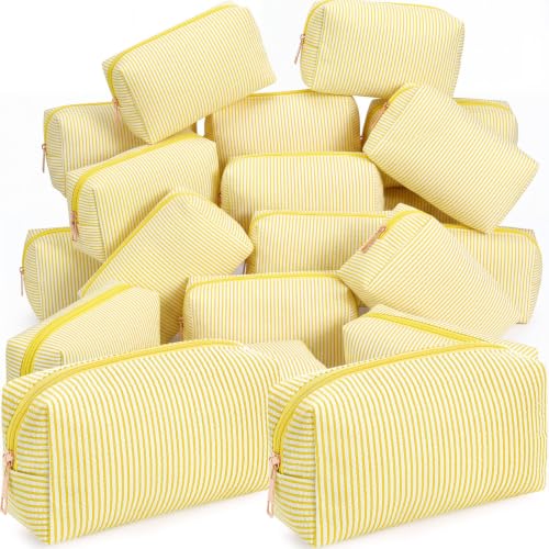Sanwuta 20 Pcs Seersucker Cosmetic Bags Bulk, Striped Zippered,Yellow | Makeup Bags Women Pouch, Large Preppy Storage Toiletry Travel Pouch for Wedding Bridesmaid Bride Favor Back to Teacher Gift - color: Yellow