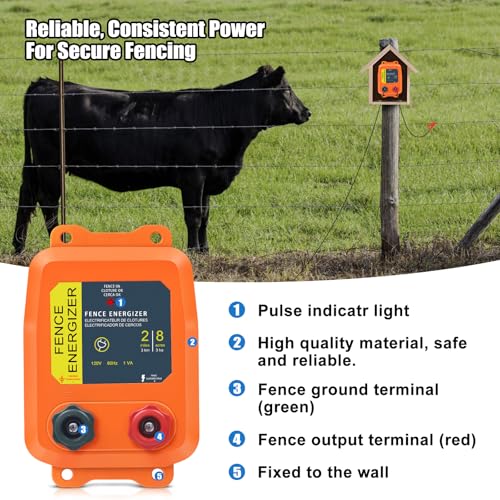 2 Mile AC Powered Low Impedance Electric Fence Charger，0.10 Joule Plug-in Electric Fence Energizer，Contain Small Animals, Keep Out Pests and Wildlife Invasion - color: Orange 0.10 Joule