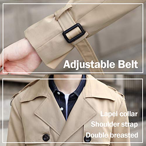 Pantete Men's Double Breasted Trench Coat Oversized Casual Windbreaker Lapel Long Jacket Overcoat - color: Khaki, size: Medium