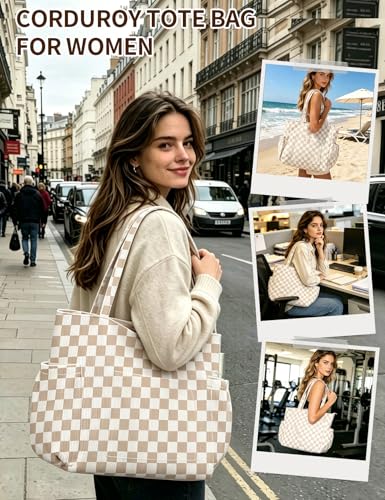 Corduroy Tote Bag for Women, Cute Floral Tote Bag with Zipper, Large Shoulder Handbag with Multi-Pockets for Work Travel Gym - color: Khaki Checkered