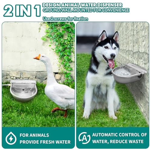 Automatic Water Dispenser for Dogs,304 Stainless Steel Float Valve Pet Bowl | Self-Filling, Wall Mounted, 2.5L Capacity, Drain Plug for Easy Clean, for Large Dogs Chickens Horses, Yard Farm Outdoor Use