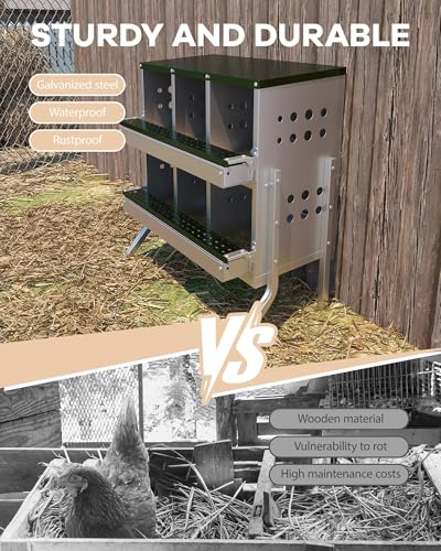 GarveeTech Chicken Nesting Box for Laying Eggs, 6 Compartment Galvanized Steel Laying Boxes for Hens with Front Access Tray, Easy Wall Mount, Includes 6 Training Eggs - color: Green