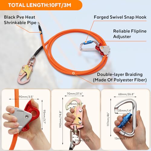 10ft Steel Wire Core Flipline, 3300Lbs Arborist Positioning Lanyard Kit | 1/2" Arborist Tree Climbing Gear with Swivel Snap Hook, Triple Lock Carabiner & Rope Grab Adjuster for Fall Protection - size: 1/2’’ x 10 ft
