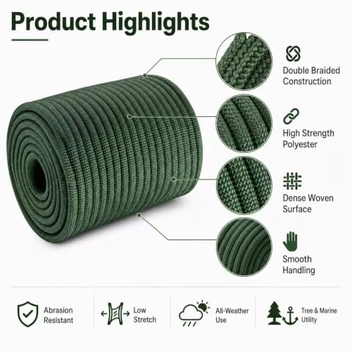 Double Braided Arborist Rope - 1/2 Inch x 100 Feet Polyester Rope - High Strength Climbing Rope for Tree Work, Halyard, Sailing(ArmyGreen) - size: 1/2 in×100 ft