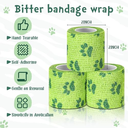 Geiserailie 6 Rolls No Chew Bandage for Dogs Self Adhesive Non-Woven Bitter Bandage Wrap for Dogs' Legs Paws Wounds Cats Animal, Green(2 Inches X 5 yd) - size: 2 Inches X 5 Yd