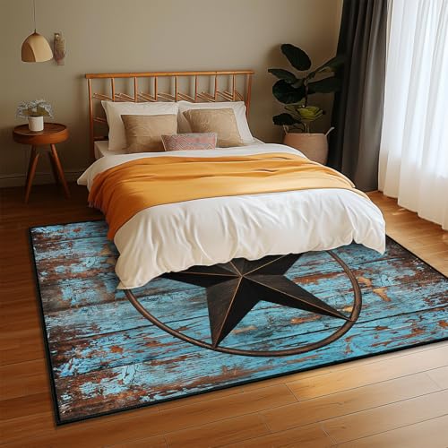 Western Area Rug 5x7,Rustic Barn Texas Star on Old Wooden Plank,Teal Rugs for Living Room,Ultra-Thin Washable Throw Carpet Indoor Non Slip Accent Floor Mats for Bedroom,Dining Room,Laundry Room,Office - size: 5'x7'