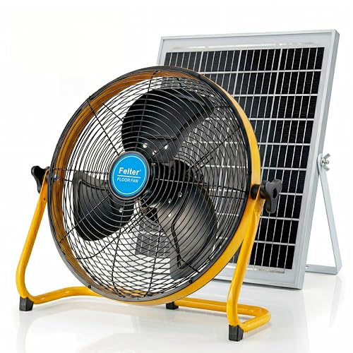 18in 30W solar panel fan Quiet 3-Blade Yellow | 30W High-Efficiency Solar Panel, Quiet, Waterproof, Rechargeable 24000mAh, For Outdoor, Camping, Pet House
