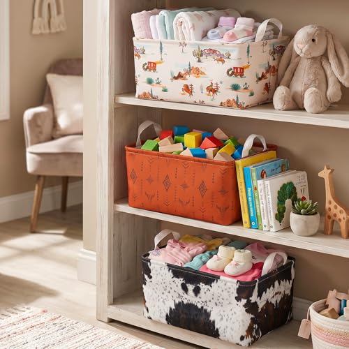 3 Pcs Western Bull Boho Rectangle Storage Basket Collapsible Highland Cow Storage Bin for Nursery Toys Books Waterproof Baskets for Closet Shelves Bedroom Decor(Cow) - color: Cow