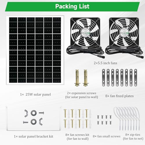 blessny Waterproofed 5.5" Solar 2 Fan Kit for Outside Intake or Exhaust air | 25W Solar Powered Fans for Chicken Coops, Greenhouses, Shed, Pet House Air Ventilation - size: 5.5" 2 Fan Kit
