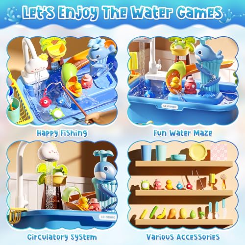 Upgraded Toddler Sand Water Table Toy with Electric Water Pump, Kids Sand Water with Faucet/Play Food Accessories/Fishing Toy, Kitchen Play Sink Toys for Girl Boy Age 3+ - color: Blue
