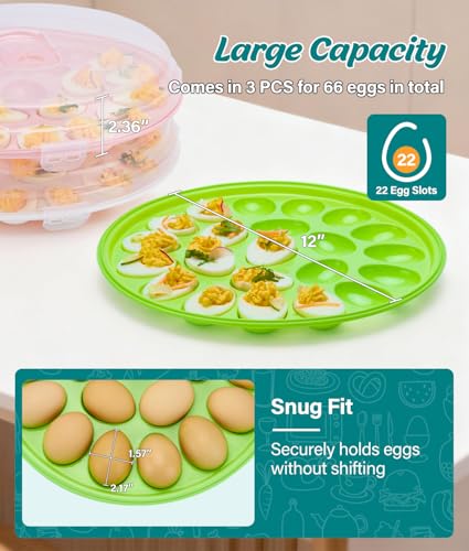 Deviled Egg Container with Lid, 3 Pack Stackable Deviled Egg Platter with Handle, 66-Slot Egg Carrier Tray for Fridge Storage, Easter, Christmas, Parties, Picnic, Dishwasher/Freezer Safe