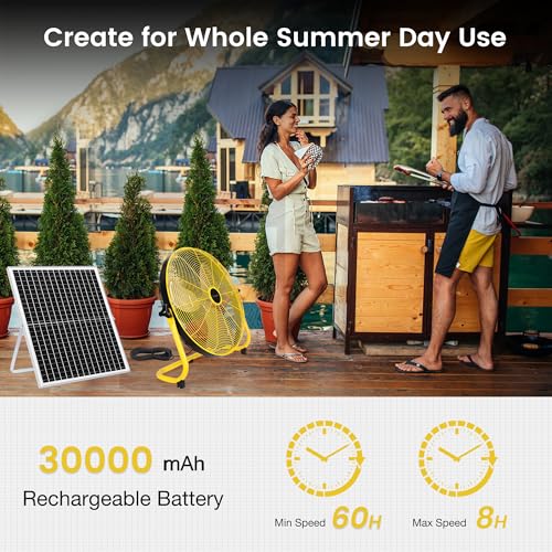Fanspex 20" Solar Rechargeable Floor Fan for Outdoor Gazebo Greenhouse Barn | 111 Wh Battery Operated Fan, 360° Tilt with 35W Solar Panel Powered for Patio Camping Cooling or Air Circulation - size: 20"