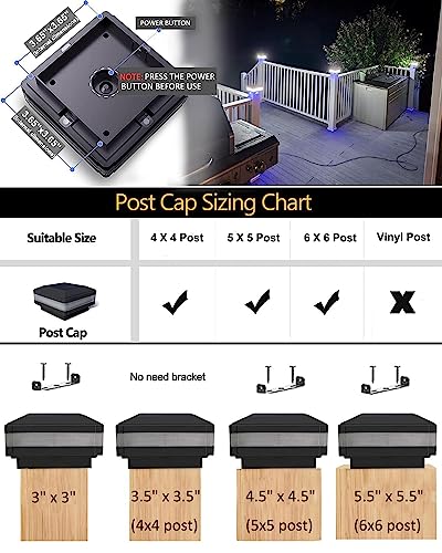 4x4 Post Solar Lights 160 Lumen with 52 LEDs & 6000K White Light | Outdoor Fence Deck Post Solar Lights Fit 4x4 Caps(5x5 6x6 Need Mounting Bracket), IP65 Waterproof for Porch Patio Garden - color: Black