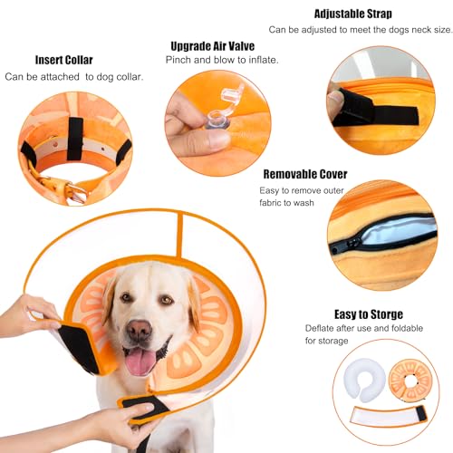 Inflatable Dog Cone Collar for Large Medium Small Dogs, Soft Dog Donut Collar Adjustable Recovery Cone for Pets After Surgery, Extra Enhanced Anti-Licking Guard Shield for Pets (Large, Orange) - color: Orange, size: Large