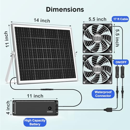 Solar Fan with Battery, 5.5" Solar Fan for Greenhouse & Chicken Coop, Rechargeable Solar Fans for Outside, Solar Powered Exhuast Fans for Outdoor Doghouse Shed Circulation Ventilation Cooling - size: 5.5" Fan Large