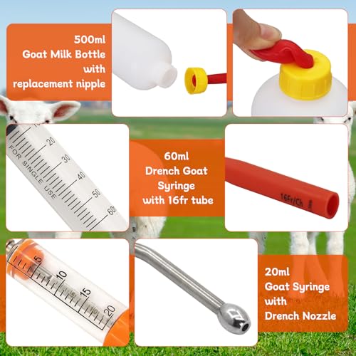 14PCS Lamb and Goat Kid Feeding Tube Kit Included 2 500ml Lamb Feeding Bottles 5 Milk Nipples 2 60ml Syringe with 2 16fr Red Feeding Tube Kit,1 20ML Reusable Goat Syringe with 2 Drench Nozzle (25)