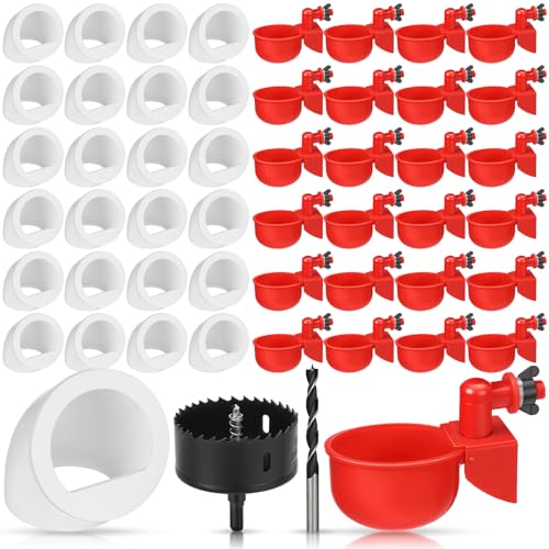 Potchen 25 Sets Chicken Feeder and Water Cup Kit, Quail & Chick Port Feeder and Automatic Chicken Waterer with Hole Opener, Drill, DIY Waterer for Various Poultry