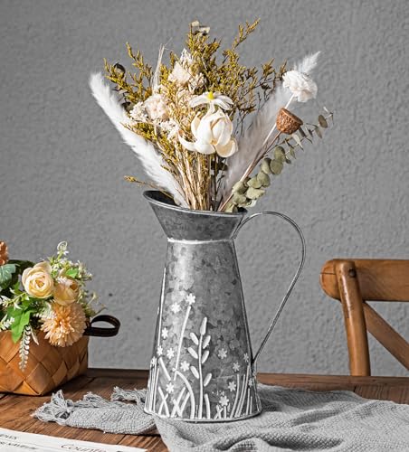 Vintage Galvanized Metal Pitcher Vase, Farmhouse Rustic Flower Vase with Handle, Decorative Floral Milk Jug Vase for Home Décor, 10.8’’H - color: Floral Milk Jug