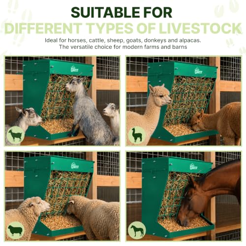 Wall Mount Hay Rack And Hay Feeder For Goats Sheep And Horses, Covered Galvanized Steel Goat Hay Feeder With Hinged Roof, 25 Gallon 2-In-1 No Waste Hanging Holder Grain Bin with hook For Cattle - color: Green