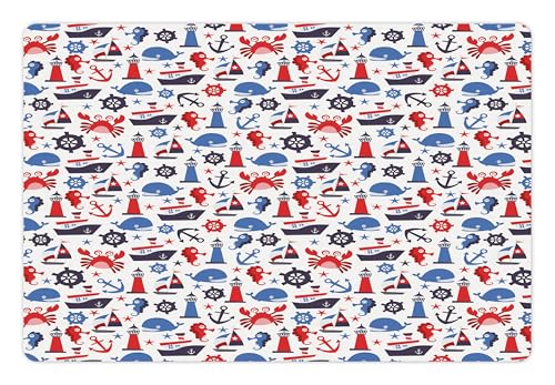 Lunarable Nautical Pet Mat for Food and Water, Steering Wheel Crab Cartoon Style Happy Fun Art Underwater World, Non-Slip Rubber Mat for Dogs and Cats, 18" X 12", Indigo Blue - color: Indigo Blue