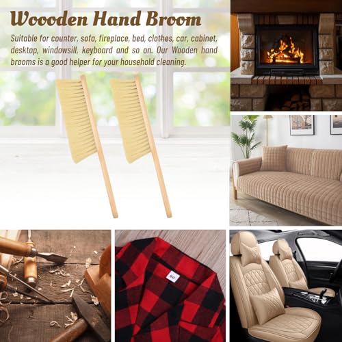 2 Pieces Woooden Dust Brush Hand Broom Bench Brush with Long Wood Handle Whisk Broom Soft Bristle Brush for Counter Bed Sofa Car Fireplace Clothes Household Cleaning - color: Khaki