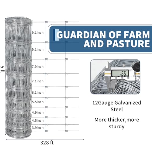 Livestock Fence, 5Ft x 328Ft Galvanized Wire Fencing, Cattle Farm Fence, Heavy Zinc Coated Deer Goat Cattle Fence for Farm Yard Livestock Protection - size: 5FT x 328FT