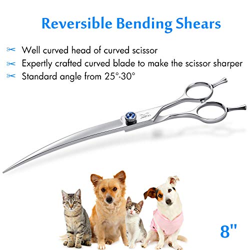 JASON Curved Dog Grooming Scissors - 8" Cats Trimming Shears Right Handed | Ergonomic Pets Shear with Offset Handle and a Jewelled Screw for Right Handed Groomers Long Sharp Comfortable, Gift - size: 8.0", style: Curved