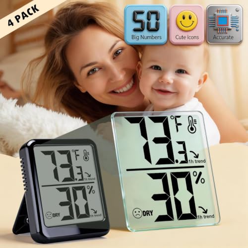 4 Pack Room Thermometer Indoor Hygrometer Humidity Gauge Meter | W/ Battery, Accurate Sensor, Monitor Temperature & Humidity, Fast Read, Easy To View, Durable Kickstand, ℉/℃, Small Size - color: Black - Upgraded Version