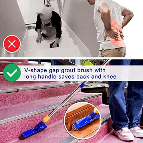 Grout & Scrub Brush Combo, Floor Scrubber with Long Handle, Multi-Purpose Stiff Bristles Cleaning Brush Set for Tile, Grout, Deck, Kitchen, Shower Floor (2 Pcs) - color: White & Blue Head