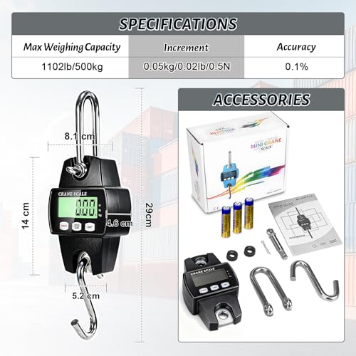 Digital Hanging Scale, 1100lb/500kg Crane Scale, Handheld | Mini Crane Scale with LCD Display and Hooks, Aluminum Alloy Body for Hunting, Outdoor, Fishing, Farm (Black) - color: Black-1100lb