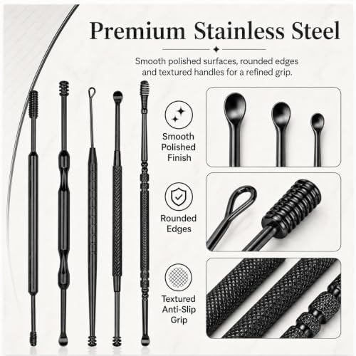 Hion 6 Pcs Ear Wax Removal Kit,Professional Double-Headed Ear Pick Earwax Removal Tools,316L Stainless Steel Ear Cleaner Curette with Cleaning Brush and Storage Box,Suit for Kid Adult(Black) - color: Black