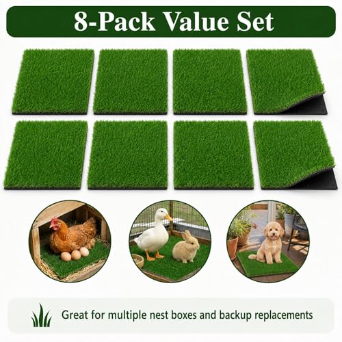 Chicken Nesting Pads 8 Pack, 12 x 12 Inch Washable Reusable Nesting Box Pads for Chicken Coop, Artificial Grass Nesting Box Liners with Black Backing and Drainage Holes, Green