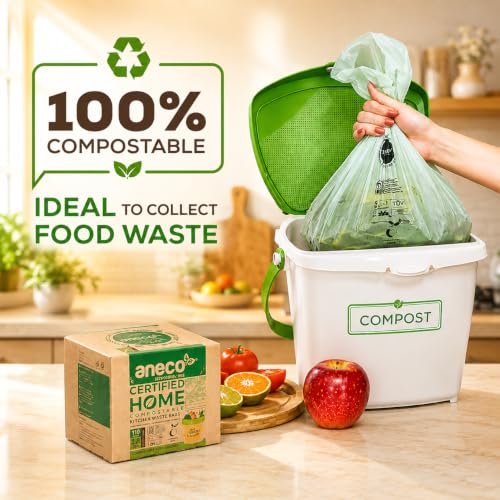 (Include 10 Bonus Bags) ANECO 100% Compostable Waste Bags 2.6 Gallon | Extra Thick Kitchen Small Compost Bags for Countertop Bin, 110 Count (100 + 10 Extra) - color: 2.6 GAL (Flat Top Bags, 100 Count)