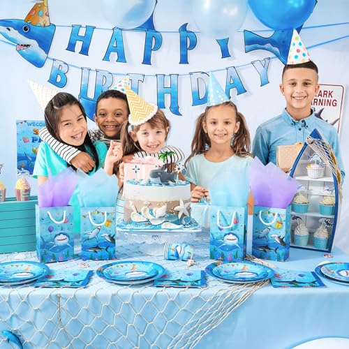 WERNNSAI 16 PCS Blue Shark Party Favor Bags Shark Goodie Bags | Shark Birthday Party Gift Bags with Handles, Under The Sea Ocean Party Supplies, Goodie Bags for Kids Boys Baby Shower - color: Blue Shark B