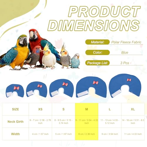 Bird Collars, Bird Cone Collar Protective Recovery Cones, Soft Adjustable Anti-Bite Feather Neck Protector (Blue, M, 3 Pcs), Intended for Budgie/Cockatiel/Lovebirds - color: Blue, size: M